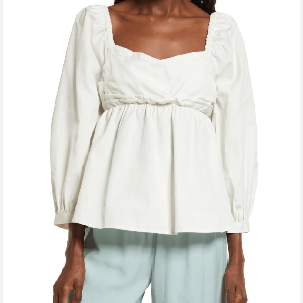 Open Edit Womsns Ivory Cotton Poplin Babydoll Blouse, Size Small